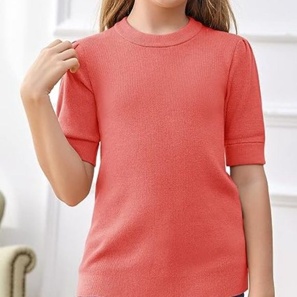Girls Puff Short Sleeve Sweaters Crew Neck Pullover Knit Sweater Cute Ribbed - Picture 2 of 4
